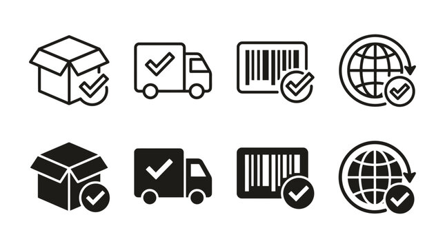 Supply chain management icons set with boxes truck barcode scanner and global shipping verification logistics shipping