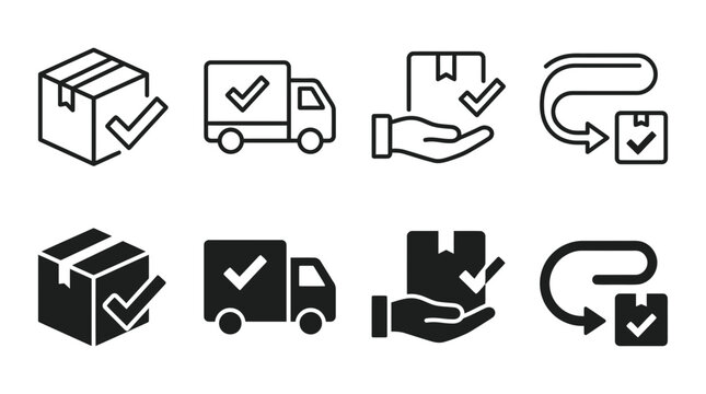Delivery services icon set featuring packages truck handover and return shipping verification logistics delivery