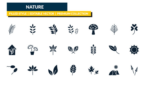 filled nature icons set - pine leaf, acacia, trifoliate ternate, subulate. editable vector for web and mobile ui