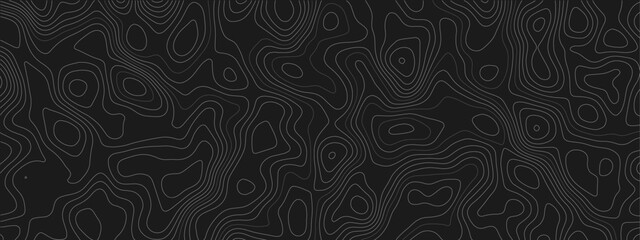 Dark abstract topographic map background with seamless wavy contour lines, modern minimalist geographic elevation texture and vintage outdoor cartography relief patterns. © Noor Al Barakah