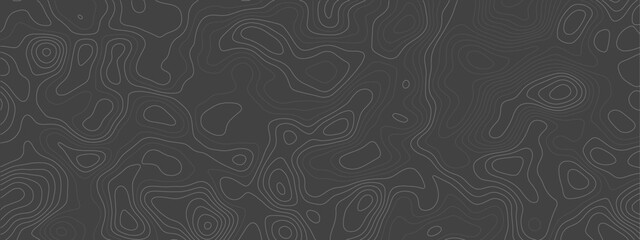 Dark abstract topographic map background with seamless wavy contour lines, modern minimalist geographic elevation texture and vintage outdoor cartography relief patterns. © Noor Al Barakah