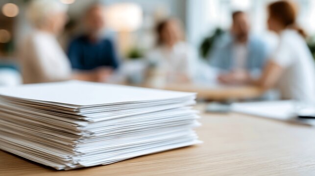 Stack of blank documents on a table with a blurred family meeting in the background, suitable for nursing home admission, elder care paperwork, legal forms and healthcare administration