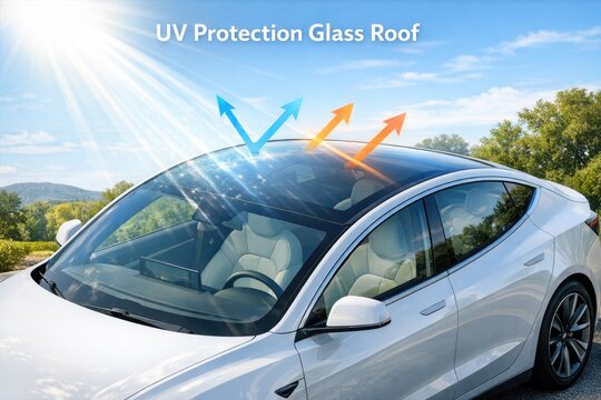 A white Tesla car with sunlight shining through the windshield