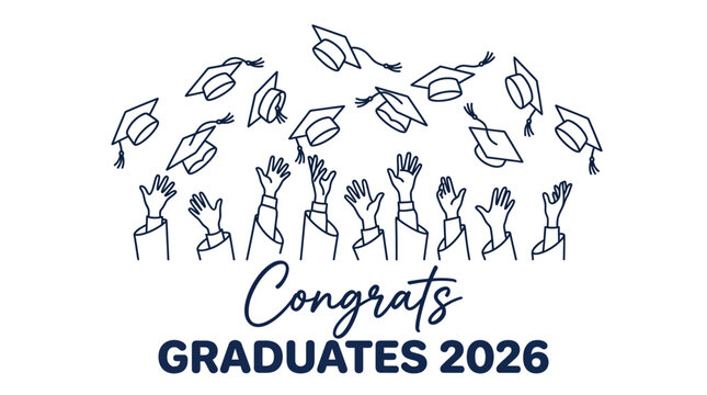 Many happy graduates throwing their academic caps into the air to celebrate the year twenty twenty-six