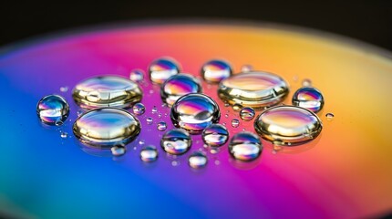 Obraz premium Macro close up shot of clear liquid water droplets reflecting vibrant rainbow colors on a smooth glossy metallic circular surface