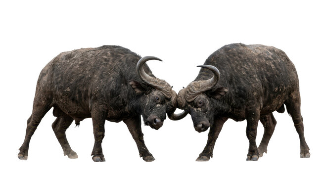 Two cape buffalo bulls facing each other, horns locked in a fierce confrontation on white background