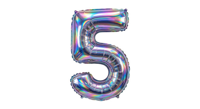 A shiny holographic number 5 balloon against a plain white background