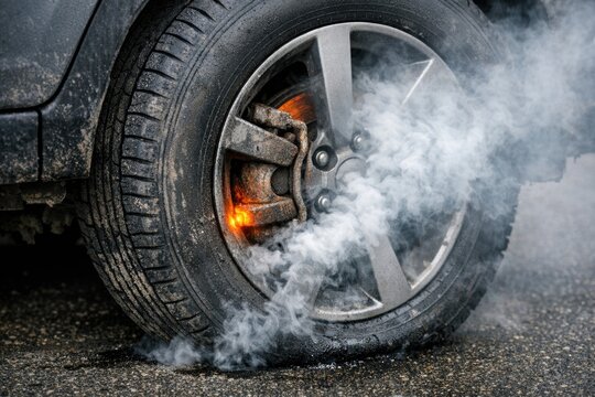A close-up shot of a tire with smoke emerging from it, possibly indicating a vehicle accident or roadside emergency