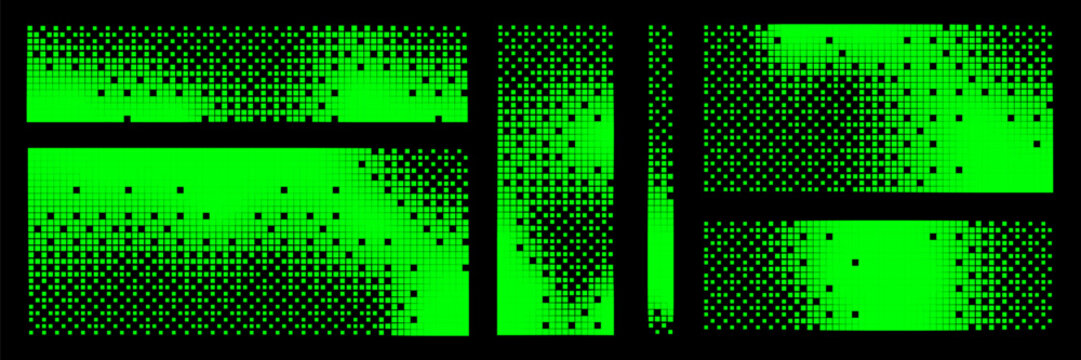 Set of green bitmap pixel background gradient pattern and 8bit art. Glitch video game design.
