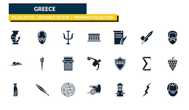 filled greece icons set - broken amphora, socrates, plato, aristotle. editable vector for web and mobile ui