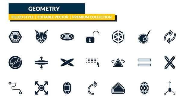 filled geometry icons set - polygonal hexagon, polygonal cat, reverse, axis. editable vector for web and mobile ui