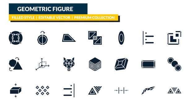filled geometric figure icons set - constraint, mirror horizontally, segment, triple triangle. editable vector for web and mobile ui