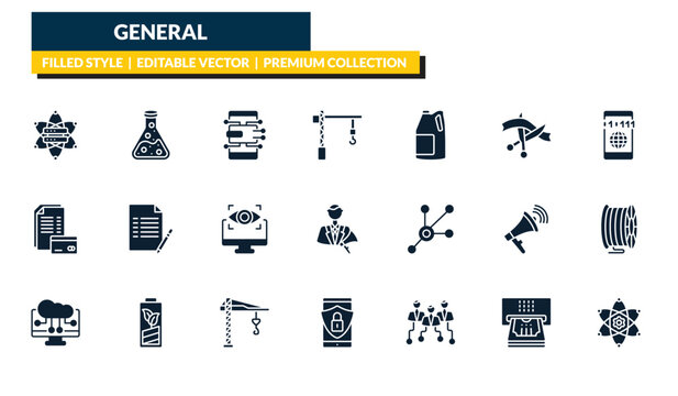 filled general icons set - data science, chemical lab, information technology, core values. editable vector for web and mobile ui