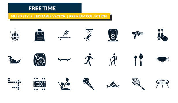 filled free time icons set - disco ball, bags, bowling, jumping. editable vector for web and mobile ui