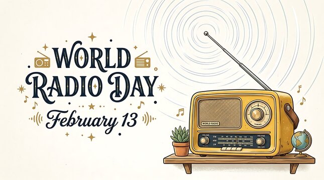 World radio day february 13th celebration with vintage radio and microphone
