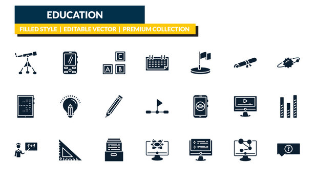filled education icons set - telescope, cellphone, solar system, unknown topic. editable vector for web and mobile ui