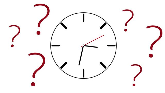An animation of a clock with fast-spinning hands, symbolizing the passage of time. In the background are question marks. A versatile footage suitable for a variety of video projects.