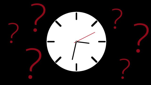An animation of a clock with fast-spinning hands, symbolizing the passage of time. In the background are question marks. A versatile footage suitable for a variety of video projects.