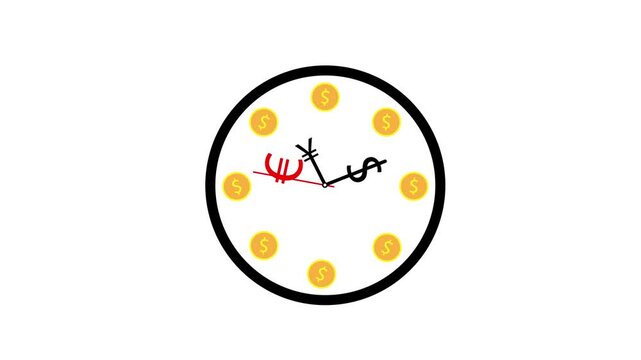 Animated video of a clock. Clock hands in the form of currencies moving quickly. Face made of coins. Concept - time is money. Suitable for various video ideas.