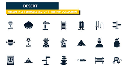filled desert icons set - native american, mine, directional, carriage. editable vector for web and mobile ui © IconArt