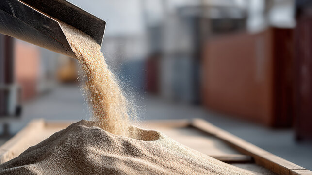 Grain pouring from metal chute onto pile, industrial background, agriculture, food production, sunny day, dust particles visible