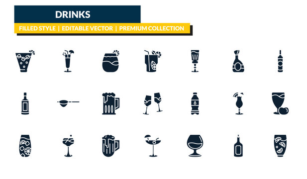 filled drinks icons set - caipiroska, sex on the beach, vodka, lemon juice. editable vector for web and mobile ui