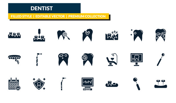 filled dentist icons set - malocclusion, interproximal, plaque, fake tooth. editable vector for web and mobile ui