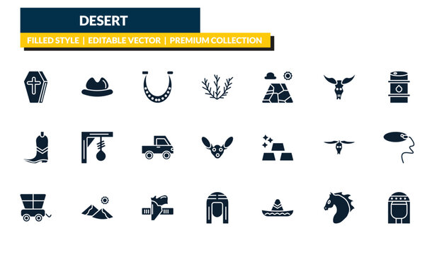filled desert icons set - wooden coffin, desert hat, petroleum, cleopatra. editable vector for web and mobile ui