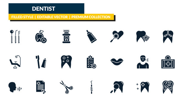 filled dentist icons set - dentist tools, dentist, intraoral, inner tooth. editable vector for web and mobile ui