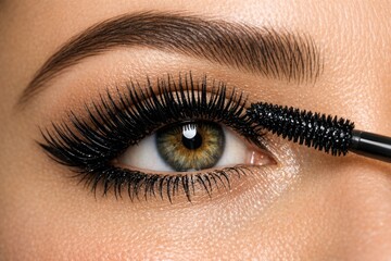 Naklejka premium A close-up shot of a woman holding a mascara brush, focusing on her eye