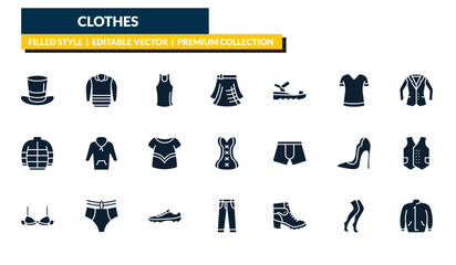 filled clothes icons set - top hat, pullover, blazer, parka. editable vector for web and mobile ui © IconArt
