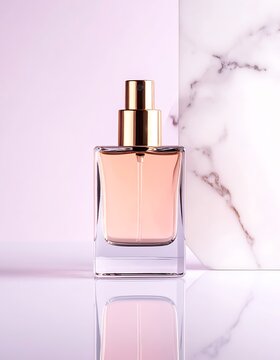 A perfume bottle on a reflective surface with a marble background (1)