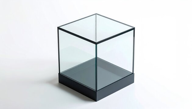 A transparent cubical glass display case with a dark base on white