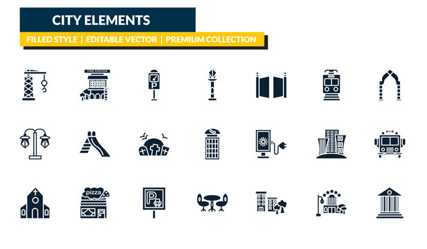 filled city elements icons set - tower crane, fire station, arch, government buildings. editable vector for web and mobile ui