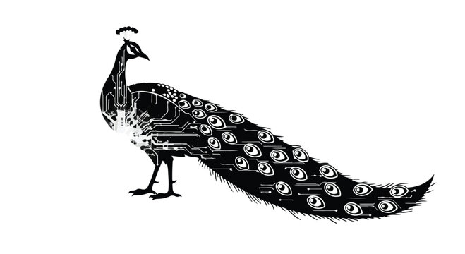 Peacock featuring integrated circuit board patterns on its feathers represents the convergence of advanced biological aesthetics with modern digital technology in an elegant artistic fusion concept.
