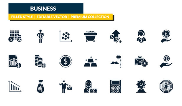 filled business icons set - economy games, man holding a big coin, pound coin on hands, spider chart. editable vector for web and mobile ui