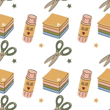 Back to shcool seamless pattern with scissors, bloknote, clue.