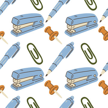 Back to shcool seamless pattern with stationery and office supply.