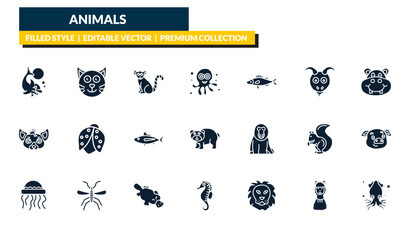 filled animals icons set - dolphin jumping, cat, hippopotamus, squid. editable vector for web and mobile ui © IconArt