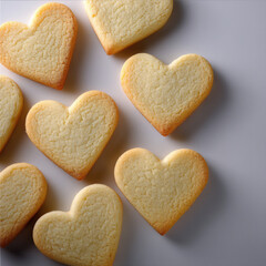 Obraz premium Heart shaped sugar cookies arranged on white background, golden edges, sweet dessert, homemade, soft texture, cheerful mood