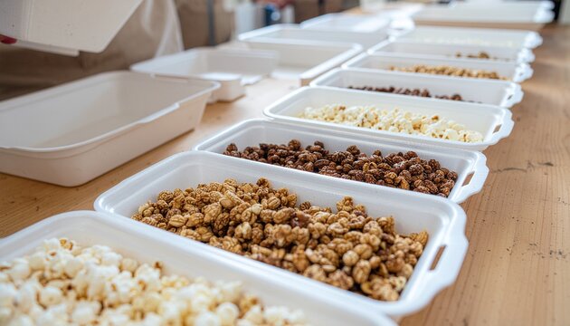 Eco friendly food packaging for ecommerce. Sustainable containers filled with snacks for online sales.