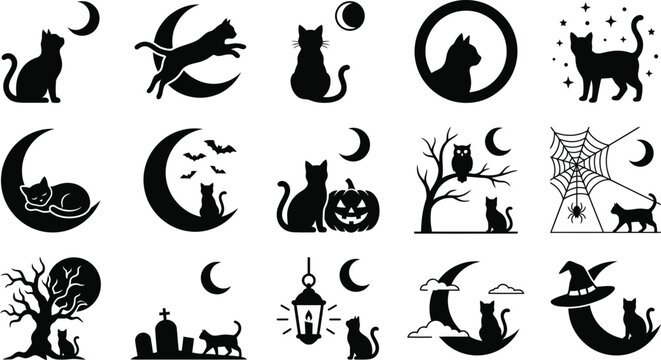 Halloween cat bundle spooky black cat silhouettes with moon bats witch elements for fall designs