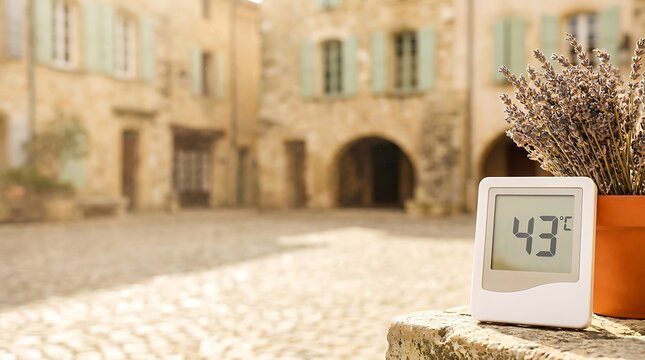 Extreme summer heat concept with digital device measuring forty three degrees celsius placed near lavender pot on stone ledge in front of sunlit old stone buildings in rural france.