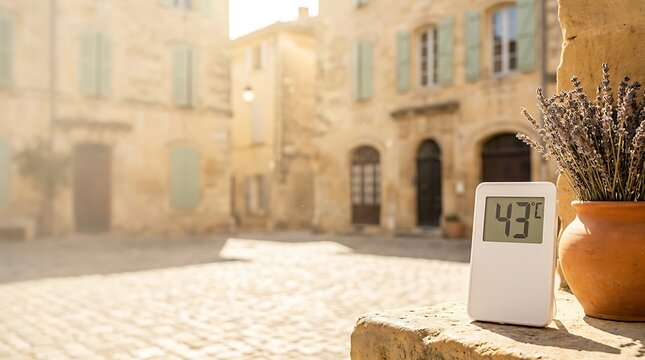 High summer temperature reading of forty three degrees celsius on digital device located on stone surface with lavender plant and blurred old village houses under bright sky.