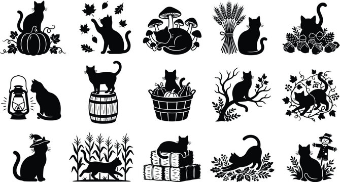 Halloween cat bundle spooky black cat silhouettes with fall halloween elements for crafts