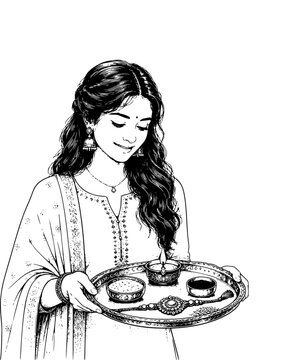 Illustration of a sister character carrying a complete pooja thali arranged with diya, rice grains, roli powder, and a rakhi thread.