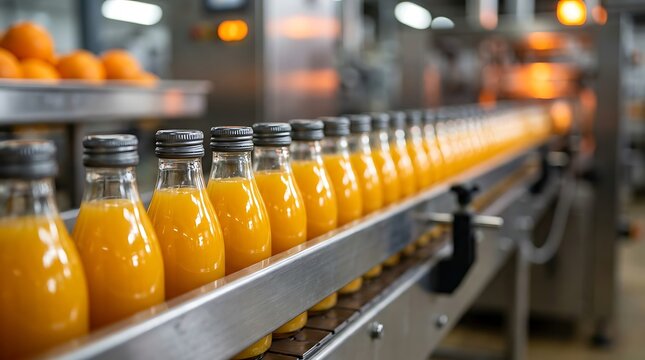 Orange juice bottles on conveyor belt in beverage production factory with fresh oranges in background manufacturing line filled with liquid drink bottles ready for packaging.