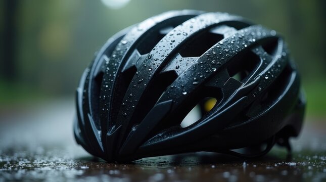 Primer plano de un casco de ciclismo aerodin&aacute;mico con gotas de lluvia tras una salida bajo la tormenta