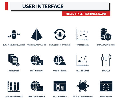 filled user interface icons set - triangular pyramid, data looping interface, spotted data, data analytics tings. editable vector for web and mobile ui