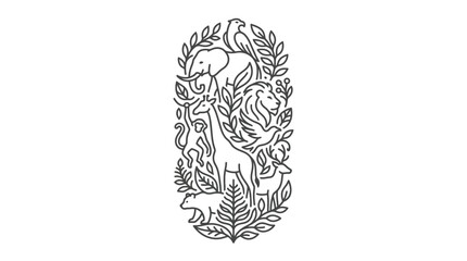 Obraz premium Intricate line art illustration featuring a collection of wild animals and lush tropical foliage.